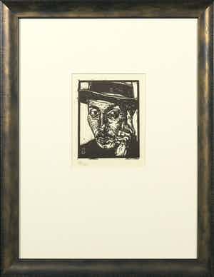 Dick Ket - Linoleumsnede, Zelfportret (met hoed en hand) - Ingelijst verkocht voor € 35!
