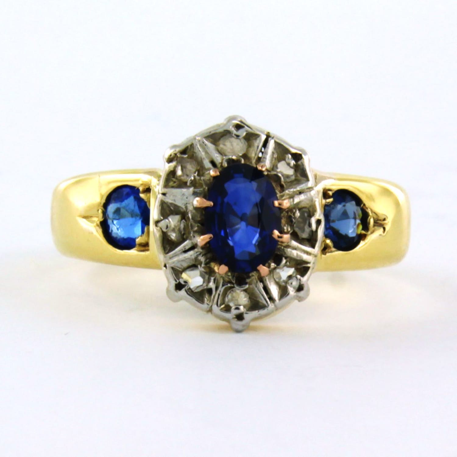 18k geel goud met zilver ring met saffier en diamant 0.05ct - rm 17.5(55) verkocht voor € 275!