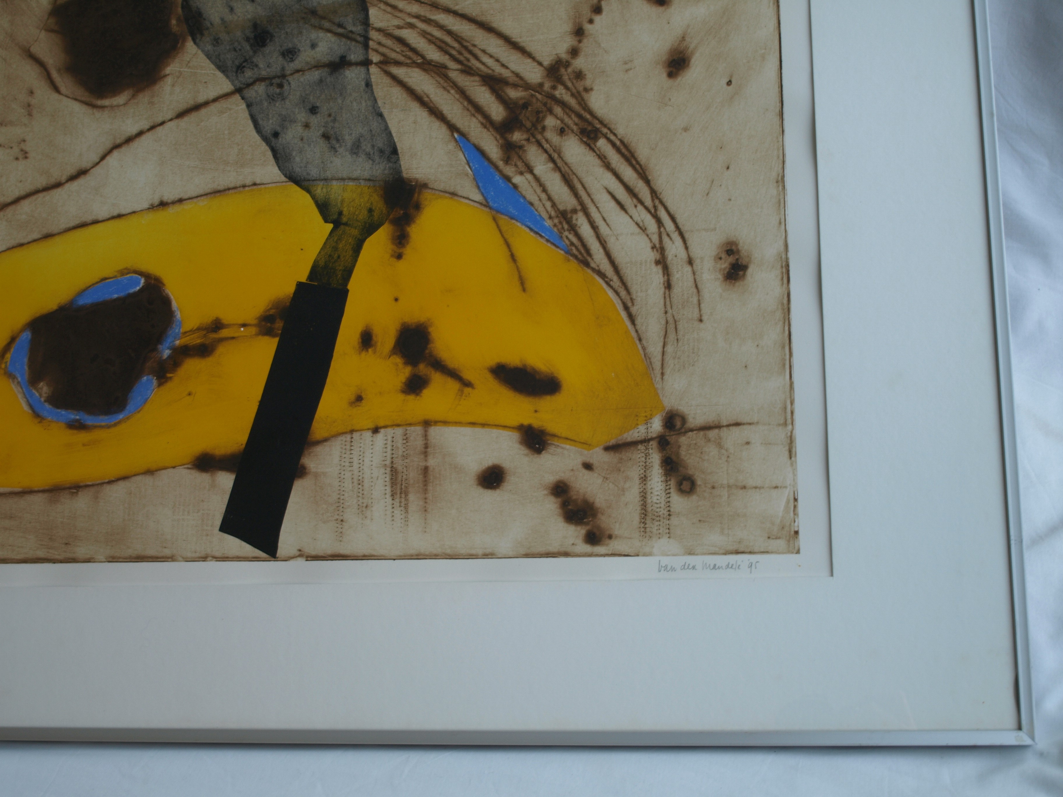 Anneke van der Mandele - Ets , Compositie met Geel - gesigneerd & ingelijst - 1995 kopen? Bied vanaf 45!