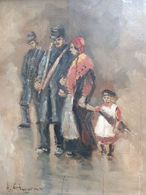 Niet of onleesbaar gesigneerd - Olieverf op paneel van Franse gardisten met moeder en dochter kopen? Bied vanaf 1!