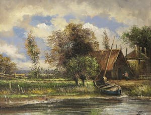 Toon Wildeboer - Olieverf op doek, Landschap met bootje - Ingelijst kopen? Bied vanaf 20!