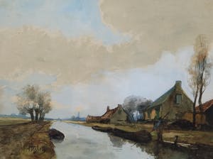 Adriaan Terhell - aquarel op papier - landschap met huizen en bootjes kopen? Bied vanaf 135!