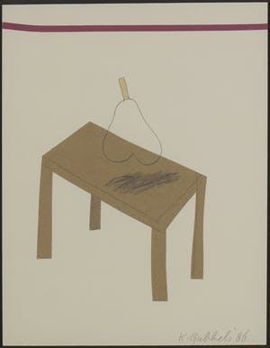 Klaas Gubbels - Gemengde techniek (collage en potlood), Stilleven tafel en peer - Ingelijst kopen? Bied vanaf 1!