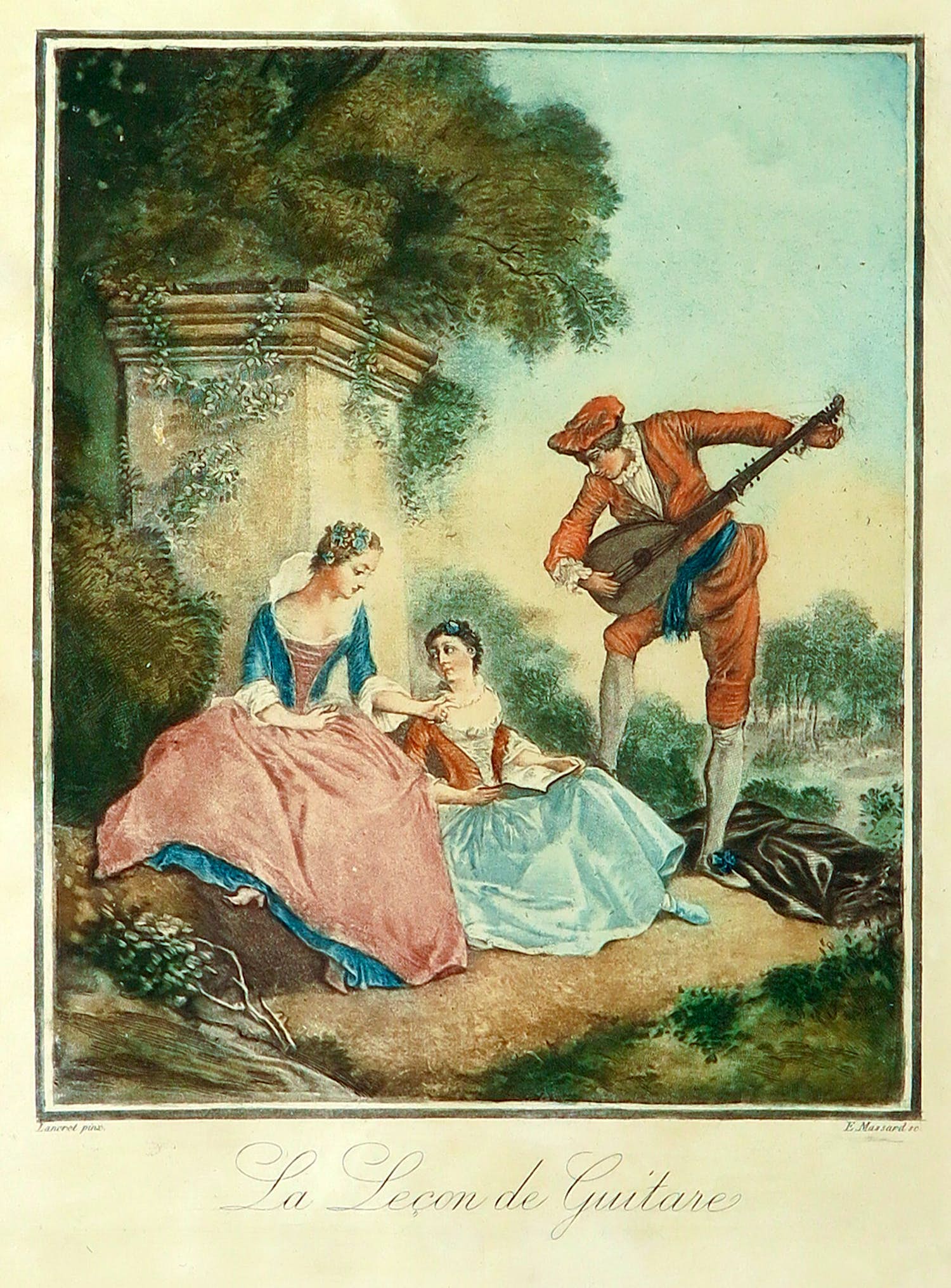 Nicolas Lancret - (naar) - Ets en aquatint, La Leçon de Guitare verkocht voor € 1!