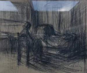 Jakob Smits - Gesigneerde houtskool tekening - Vrouw bij bed kopen? Bied vanaf 150!