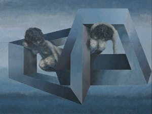 Piet van Mook - Gouache, Z.T. Figuren in geometrisch-illusionistische compositie - Ingelijst kopen? Bied vanaf 1!