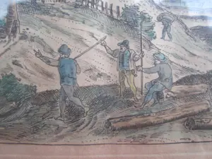 Niet of onleesbaar gesigneerd - Hand ingekleurde ets van een dorpsgemeenschap. kopen? Bied vanaf 1!