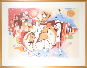 Angeles Nieto - Zeefdruk, Mascarada en le arena - Ingelijst kopen? Bied vanaf 40!