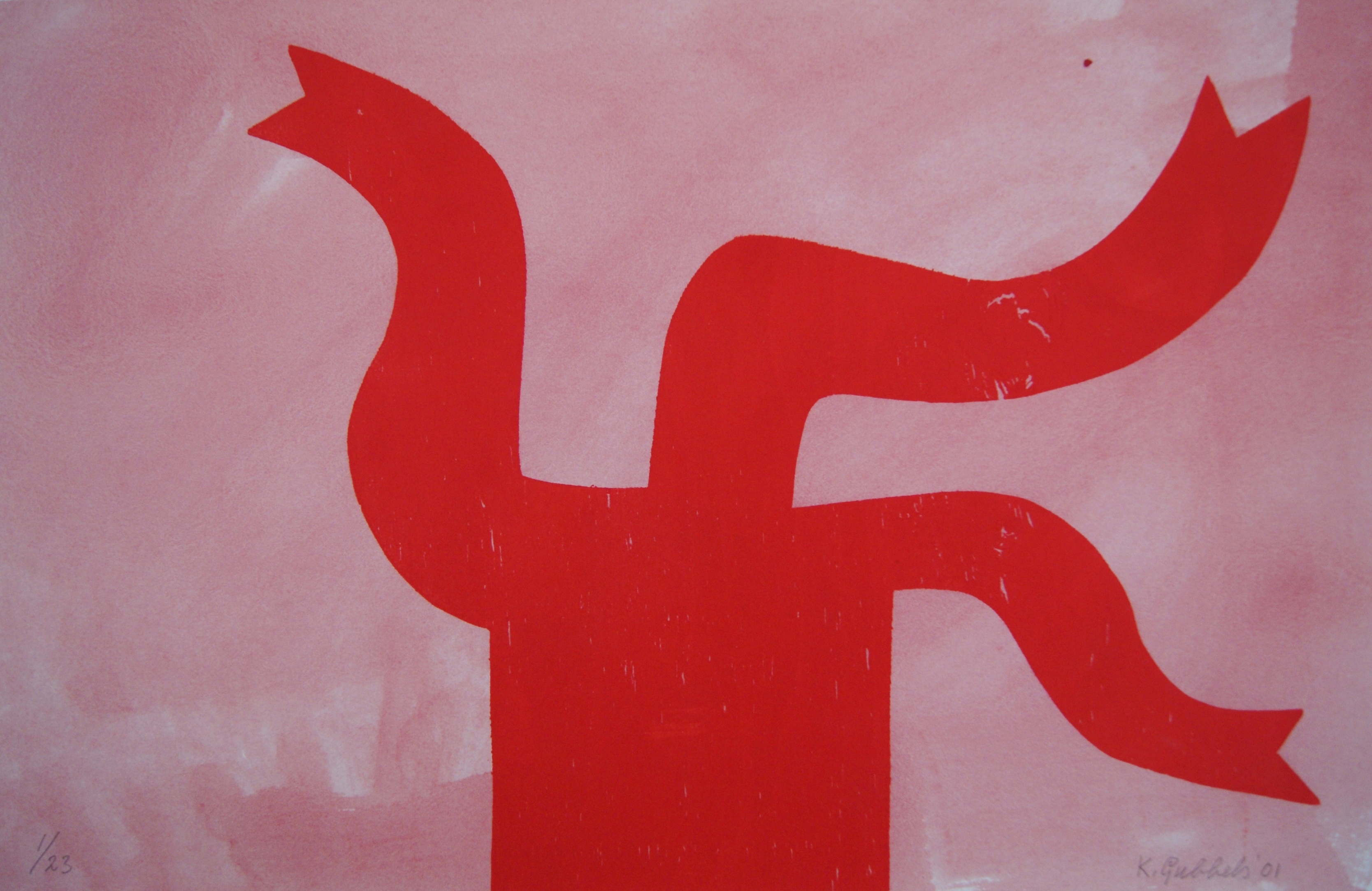 Klaas Gubbels - Klaas Gubbels houtdruk met aquarel 'De Loper' - 2001 verkocht voor € 375!