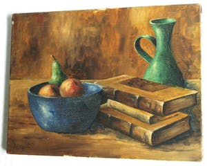 Niet of onleesbaar gesigneerd - Olieverf op doek , Stilleven met groene vaas, fruit en boeken - gesigneerd kopen? Bied vanaf 1!