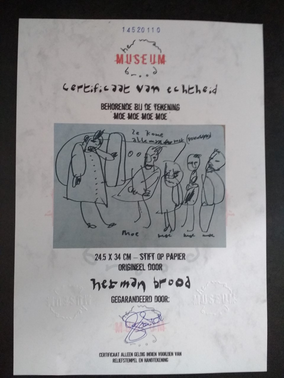Herman Brood - Tekening uit 1991, moe moe moe, ingelijst + HBM certificaat kopen? Bied vanaf 180!