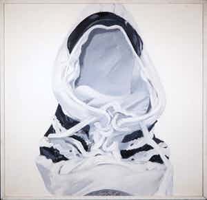 Willem Gorter - Acryl op doek, Dubbelgevouwen sportschoen in een vierkant geklemd verkocht voor € 70!