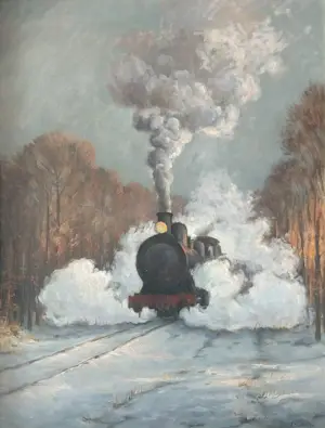 Jan Scholten - Stoomlocomotief door winters landschap kopen? Bied vanaf 250!