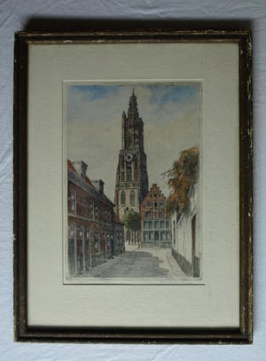 Marius Johannes Janssen - Ingelijste en ingekleurde ets , Onze Lieve Vrouwetoren Amersfoort – ca 1935 kopen? Bied vanaf 1!