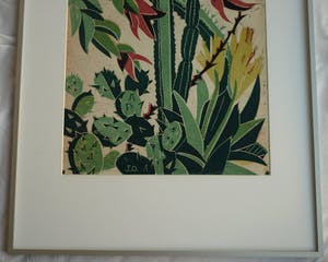 Jeanne Bieruma Oosting - Ingelijste linoleumsnede , ‘Exotische tuin’ – 1957 kopen? Bied vanaf 75!