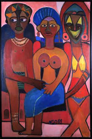 Marthe Nso Abomo - Acryl op doek, Le menage a trois - Ingelijst (zeer groot) verkocht voor € 200!