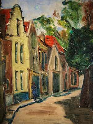 Hildegard Helene Anna Andereija - Oud impressionistisch Olieverf 1931 - Stadsgezicht Middelburg Zeeland verkocht voor € 1!
