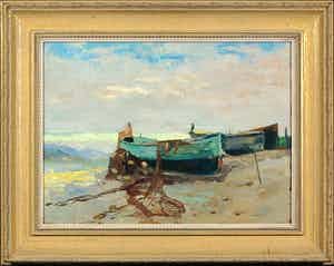 Willem Knip - Olieverf op paneel, Booten op het drogen - Ingelijst verkocht voor € 500!