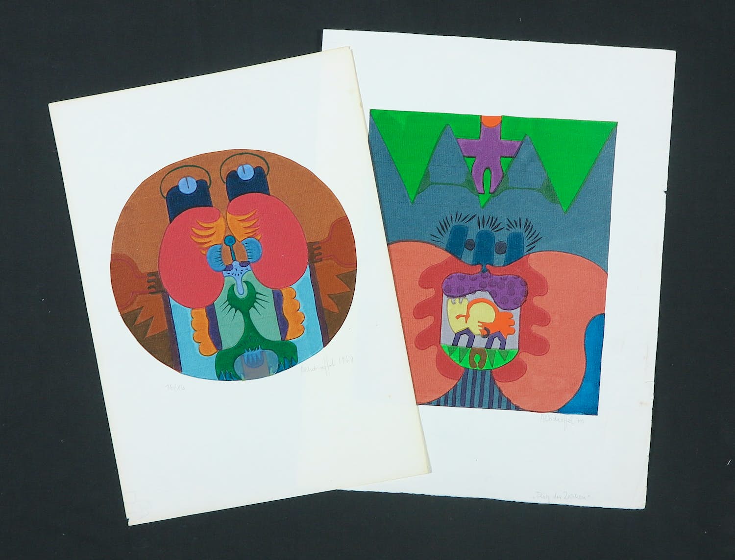 Niet of onleesbaar gesigneerd - 2 x Linolschnitt, Flug der Zeichen kopen? Bied vanaf 1!