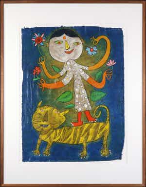 Shahid Parvez - Zeefdruk, Meisje en tijger - Ingelijst (Groot) verkocht voor € 70!