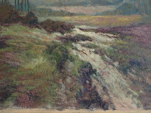 Lambertus de Jong - Olieverfverf op doek , Landschap met heide – 1956 – spieraam 60 x 80 cm. kopen? Bied vanaf 1!