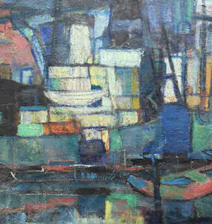 Wim Motz - Olieverf op doek | 'Houthaven van Stolk Rotterdam'| Eind jaren '50 kopen? Bied vanaf 1000!