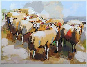 Gerda Elfring - Zeefdruk, Kudde schapen - Ingelijst (Groot) kopen? Bied vanaf 70!