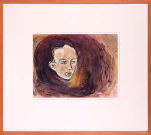 Frank van den Broeck - Portret in paars en bruintinten, aquarel en potlood op papier - Ingelijst verkocht voor € 150!