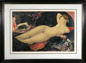 Alain Bonnefoit - Litho, Liggend figuur - Ingelijst (Groot) verkocht voor € 1!