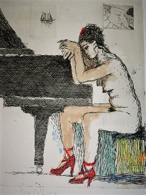 Aat Veldhoen - Bijzondere met Aquarel ingekleurde Ets "Vrouw achter piano" gesigneerd kopen? Bied vanaf 61!