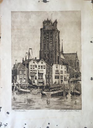 Marius Johannes Janssen - Ets, Dordrecht + Onbekend, twee etsen van Rotterdam kopen? Bied vanaf 1!