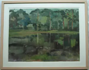 Niet of onleesbaar gesigneerd - Gesigneerde aquarel , Bosgezicht aan het water – Ingelijst , 59 x 74 cm. kopen? Bied vanaf 10!