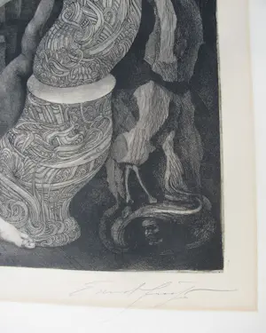 Ernst Fuchs - " SAMSON ZERSTÖRT den TEMPEL DAGONS " 1964 signiert , gerahmt . kaufen? Bieten Sie von 300!