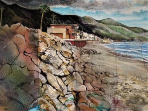 Leslie Gabrielse - GROOT! - Geweldige gemengde Techniek Collage "Sea Cliff California" gesign kopen? Bied vanaf 10!