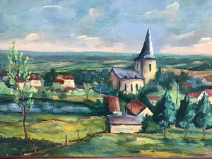 Niet of onleesbaar gesigneerd - Gehucht met kerk. kopen? Bied vanaf 1!