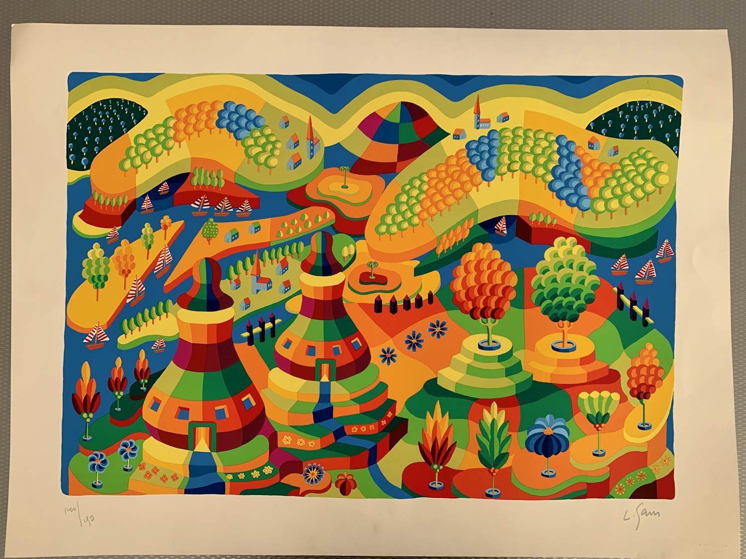 Louis Gans - Kleurrijk Fantasielandschap - zeefdruk verkocht voor € 60!