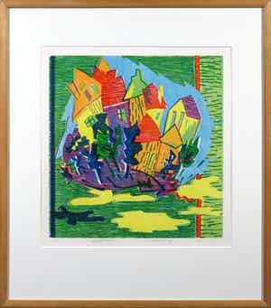 Angenelle Thijssen - Houtsnede, High in the Sky - Ingelijst verkocht voor € 35!