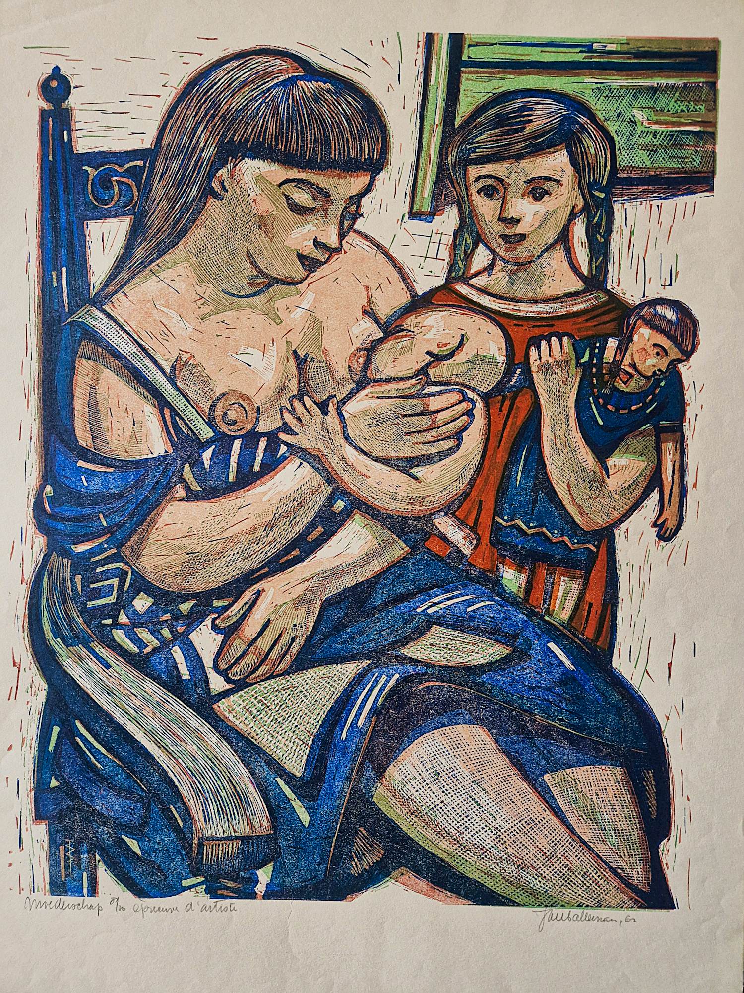 Buy Jan Battermann - Grote jaren 50 Linosnede "Moederschap" - zeer kleine (E.A.) oplage? Bid from 40!