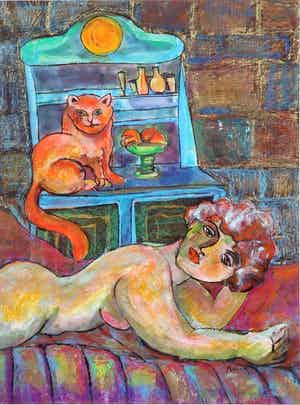 Franca Muller Jabusch - Gemengde techniek o.a. acryl en krijt, z.t. Naakte vrouw en kat verkocht voor € 35!