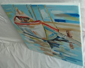 Niet of onleesbaar gesigneerd - Acrylverf op doek, Bootje in de haven kopen? Bied vanaf 10!