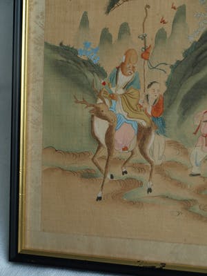 Niet of onleesbaar gesigneerd - Ingelijste gouache op zijde, Japan? China? , Figuren in berglandschap kopen? Bied vanaf 1!