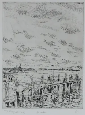 Theo Kurpershoek - Droge naald ets op papier, Ijmuiden - Ingelijst kopen? Bied vanaf 50!