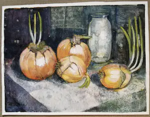 Janny Tollenaar - Aquarel stilleven met uien en pot kopen? Bied vanaf 29!