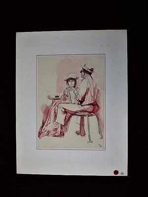 Niet of onleesbaar gesigneerd - Leuke met monogram "IL" gesigneerde Aquarel "op het terras" kopen? Bied vanaf 5!