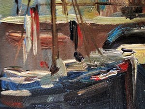 Jan Kelderman - Omstreeks 1950 geschilderd olieverf - Amsterdam boten in de de Brouwersgracht kopen? Bied vanaf 10!