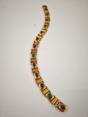 1221- Fraaie 18 karaats gouden "3 om 1" armband - saffier en smaragd - cabuchon kopen? Bied vanaf 920!