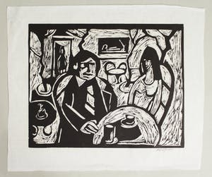 Piet Wiegman (II) - 2 linosneden - café en woonwagen (in de tuin van Sientje van Noort) kopen? Bied vanaf 20!