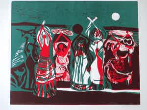 Jenny Dalenoord - Dansend exotisch gezelschap - Hout/linosnede verkocht voor € 45!