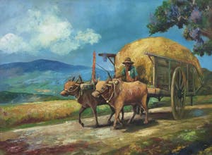 Niet of onleesbaar gesigneerd - C3810 - Man met ossenkar in Indonesisch landschap kopen? Bied vanaf 10!