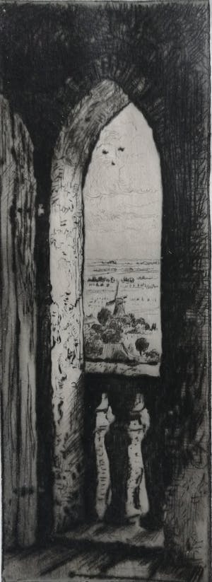 Riekele Prins - Doorkijkje vanuit kerk op landschap met molen kopen? Bied vanaf 50!